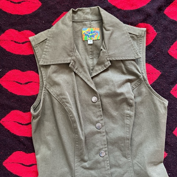 Vintage 90s Paris blues army green sleeveless bodycon dress XS-S - Picture 2 of 7